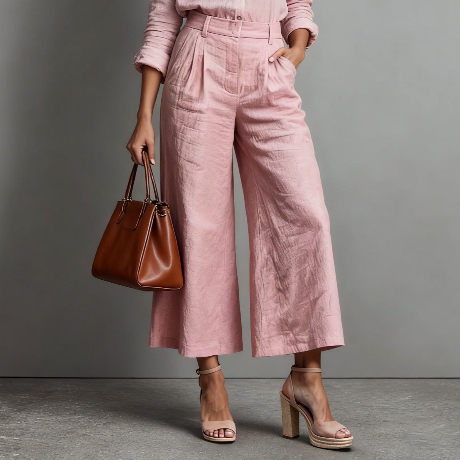 Women's Chic Pink Capri Pants with a Relaxed Shirt Set - Effortless