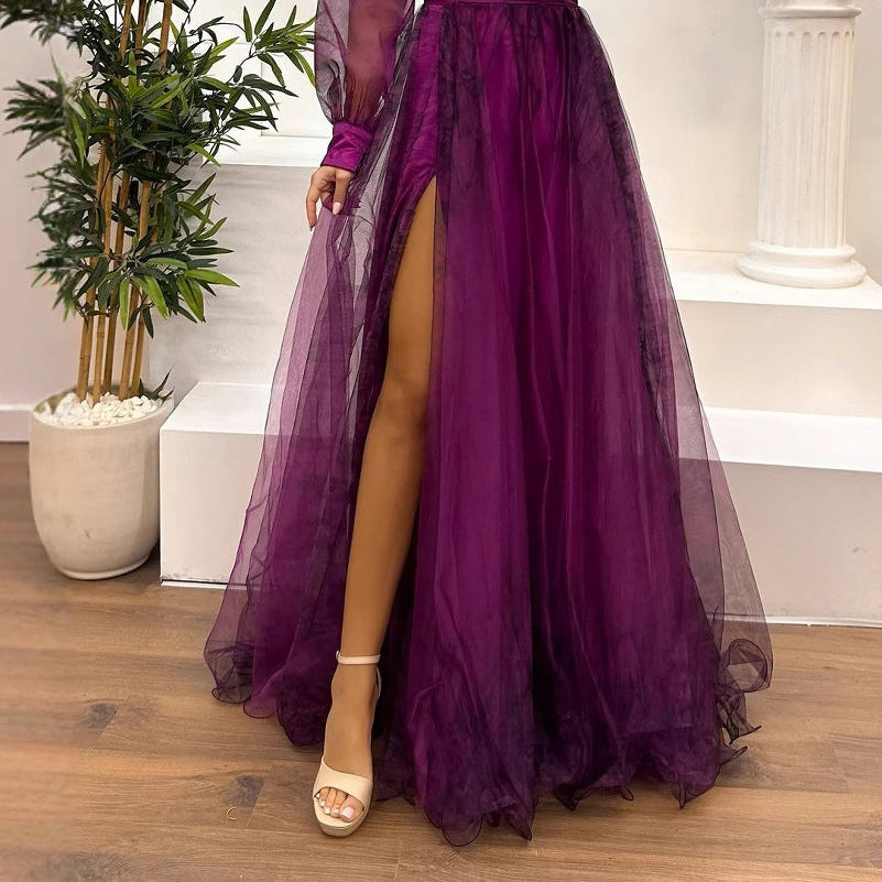 Women's Elegant One-Shoulder Maxi Mesh Dress with Gradient Abstract
