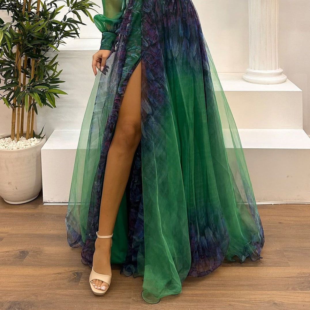 Women's Elegant One-Shoulder Maxi Mesh Dress with Gradient Abstract