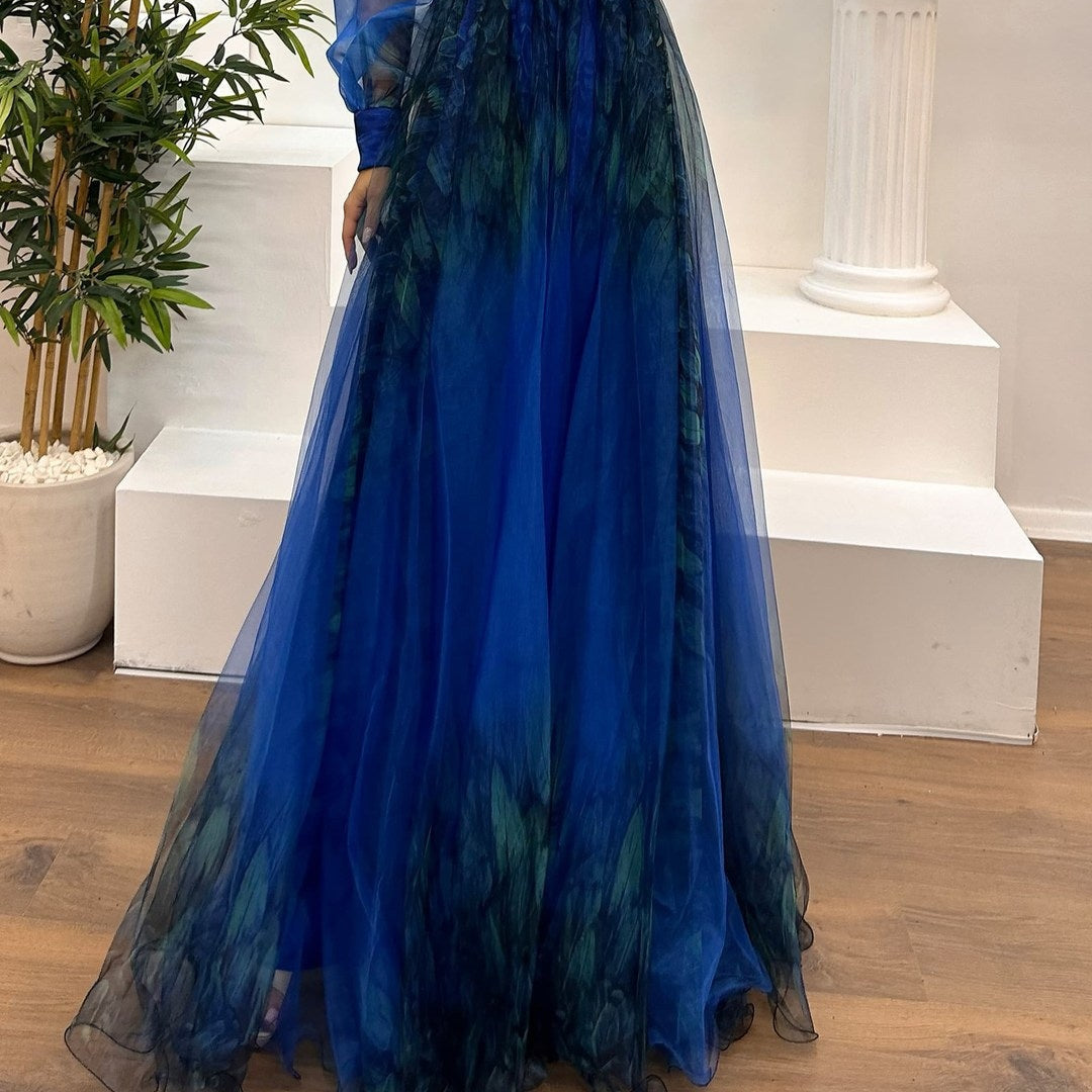 Women's Elegant One-Shoulder Maxi Mesh Dress with Gradient Abstract