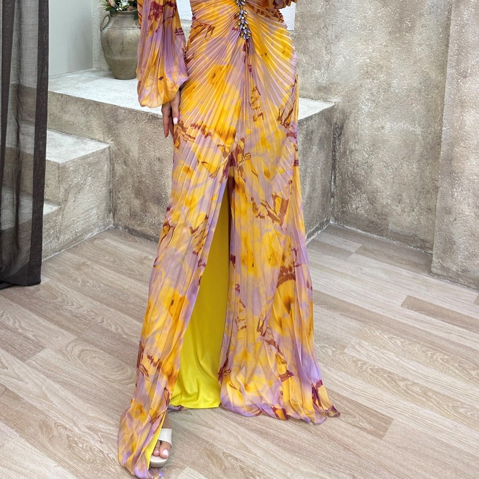 Women's Long slit gown with diamond glitter and off-the-shoulder,