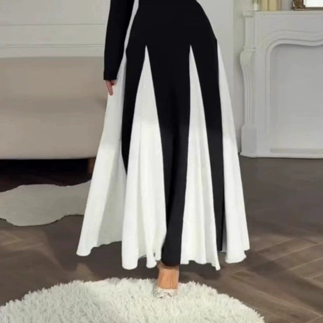 Women's Elegant long-sleeve dress with a round neck and colorblock
