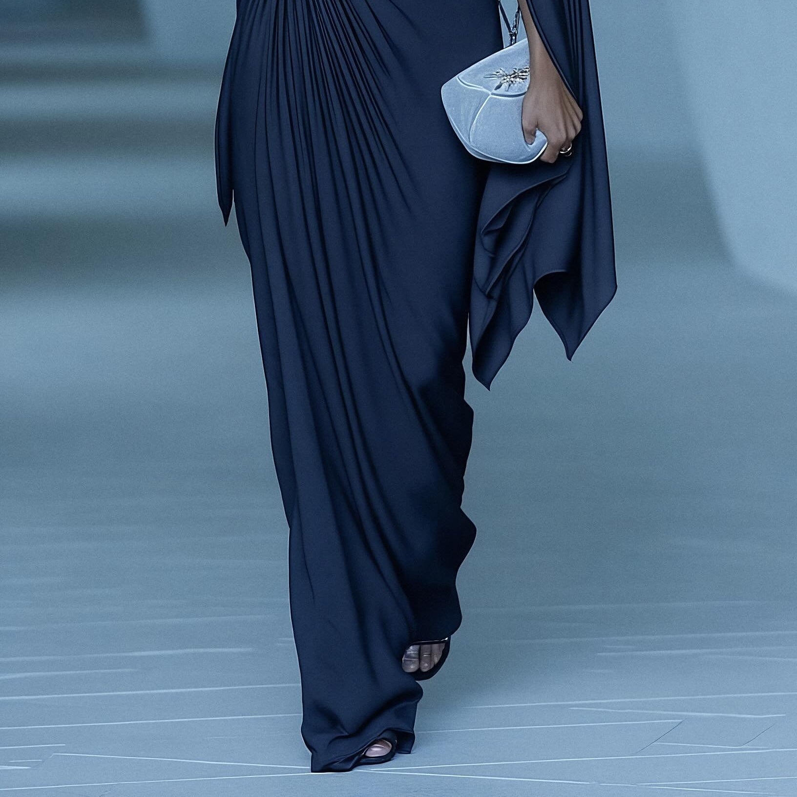 Women's Elegant and sophisticated long pleated dress with dark blue