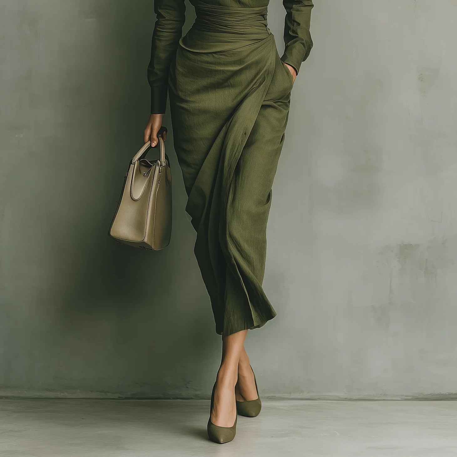 Women's Army Green Mixed Polyester Maxi Dress for a Minimalist and