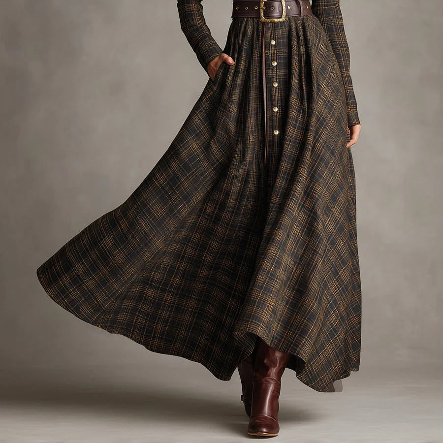 Women's Long plaid brown and black shirt with a spread collar and