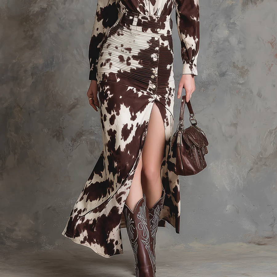 Women's Long Vintage Cow Print Dress for a Chic Country Look