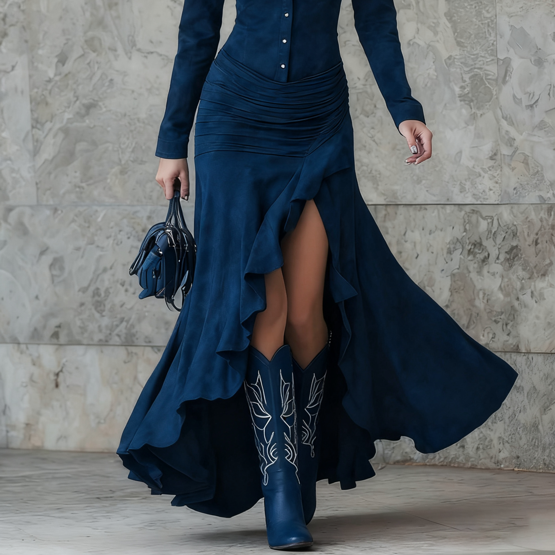 Women's Long vintage brown dress with irregular ruffles and elegant