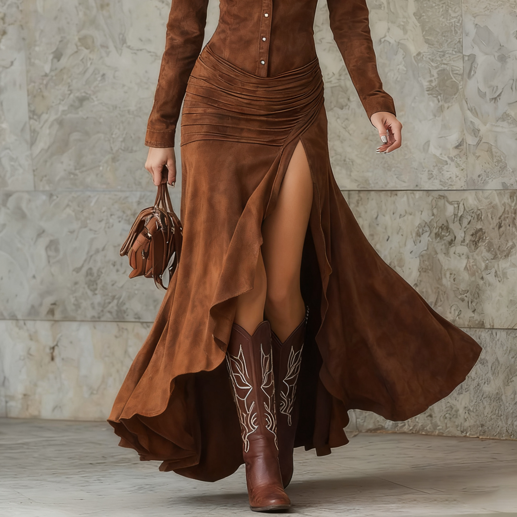 Women's Long vintage brown dress with irregular ruffles and elegant
