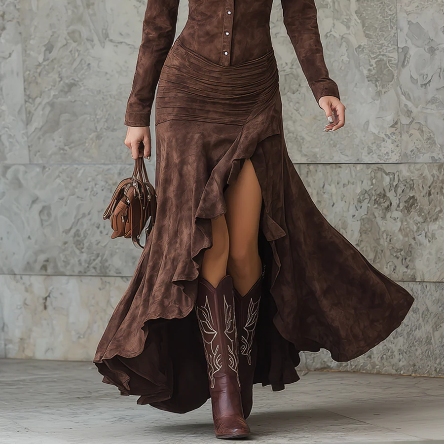 Women's Long vintage brown dress with irregular ruffles and elegant