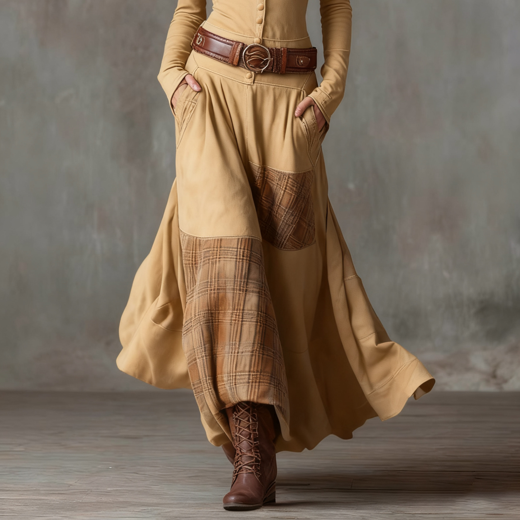 Women's Vintage Maxi Suede Dress with Plaid Navy Pattern and Belt for