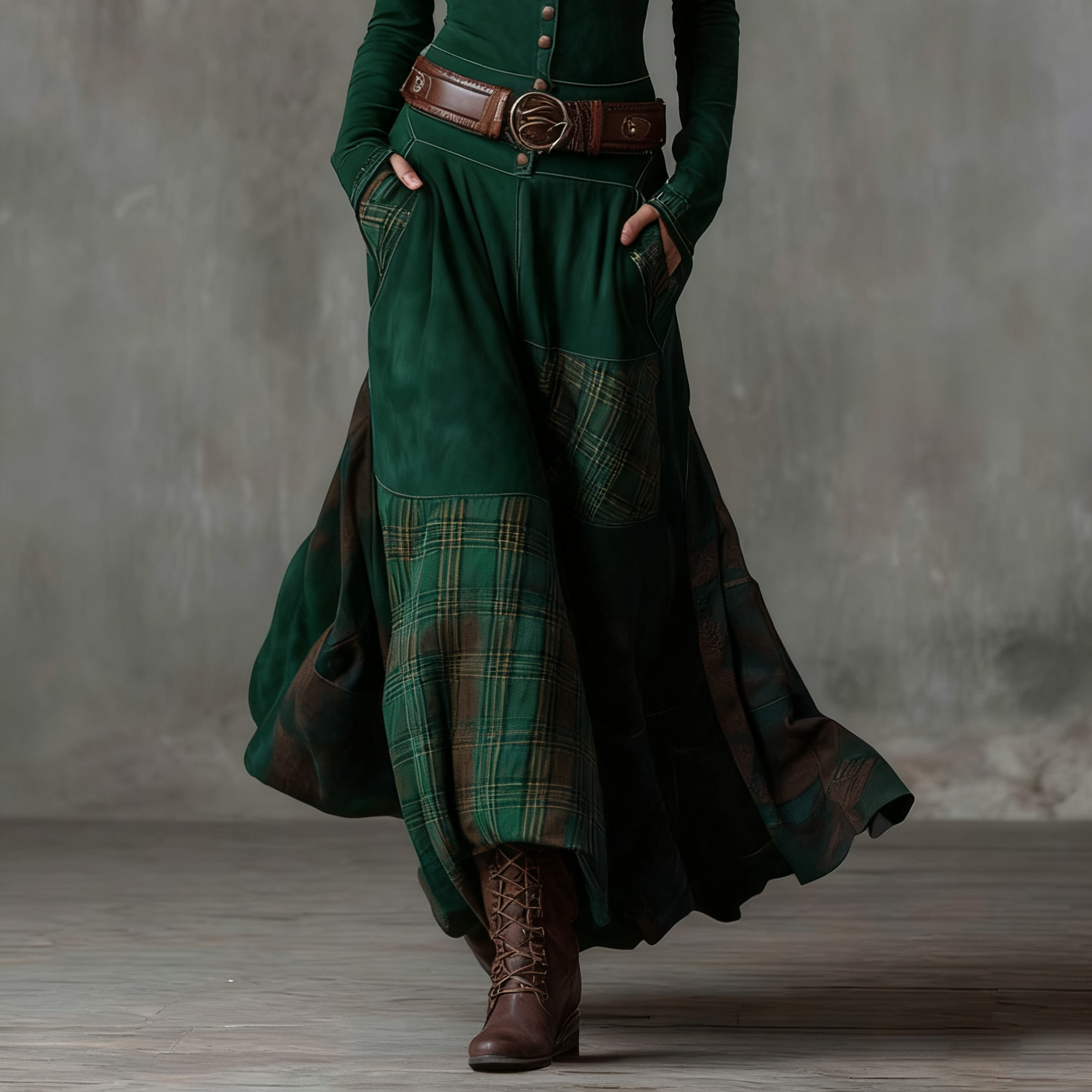 Women's Vintage Maxi Suede Dress with Plaid Navy Pattern and Belt for