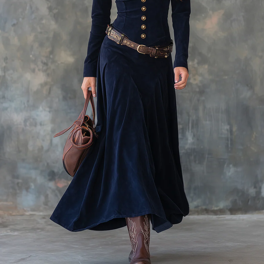 Women's Elegant vintage flap pocket polyester suede maxi dress with