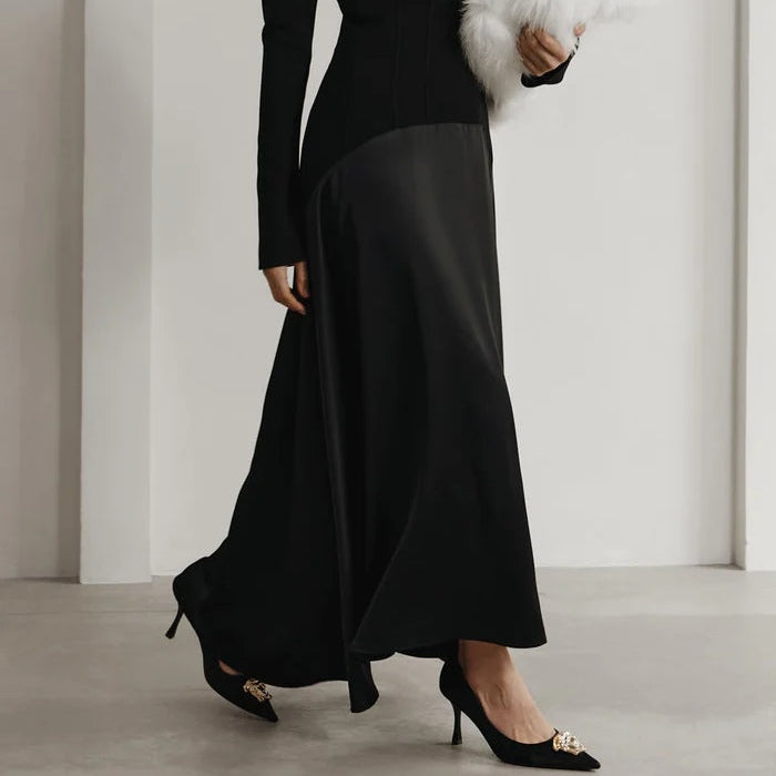 Women's Elegant Long Dress in Dark Brown with Stylish Patch Design