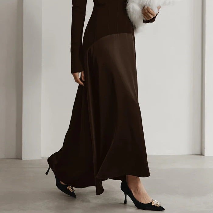 Women's Elegant Long Dress in Dark Brown with Stylish Patch Design