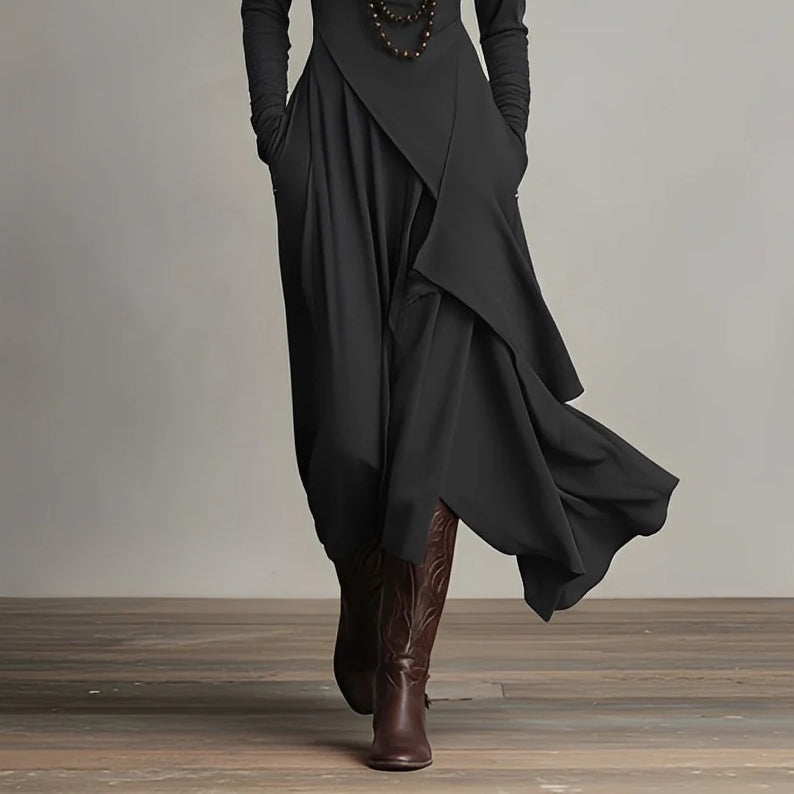 Women's Pink Maxi Asymmetric Dress with High Collar and Pleats