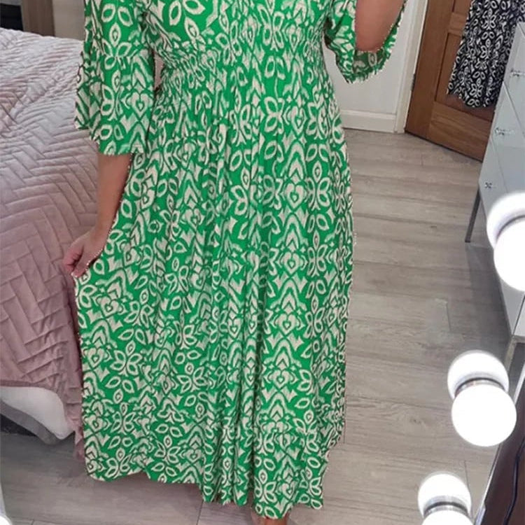 Women's Casual Bohemian Long Dress with Print, V-Neckline, and Waist