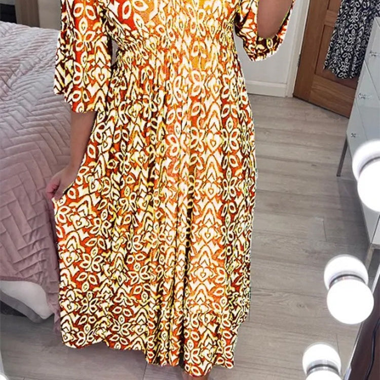 Women's Casual Bohemian Long Dress with Print, V-Neckline, and Waist