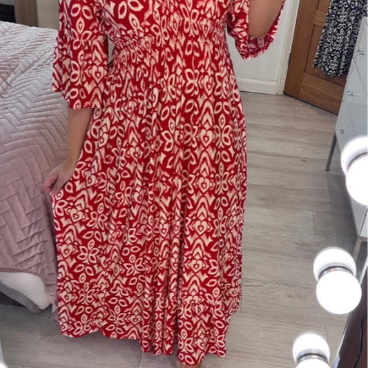 Women's Casual Bohemian Long Dress with Print, V-Neckline, and Waist