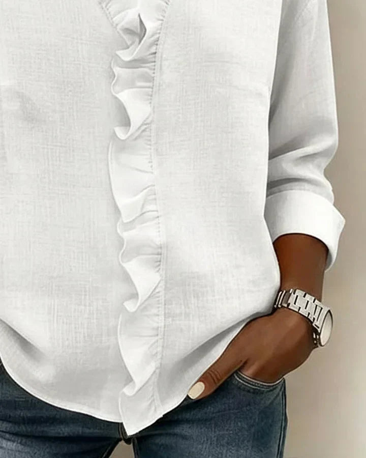 Charlotte: Elegant Ruffle Blouse with V-Neck and Long Sleeves