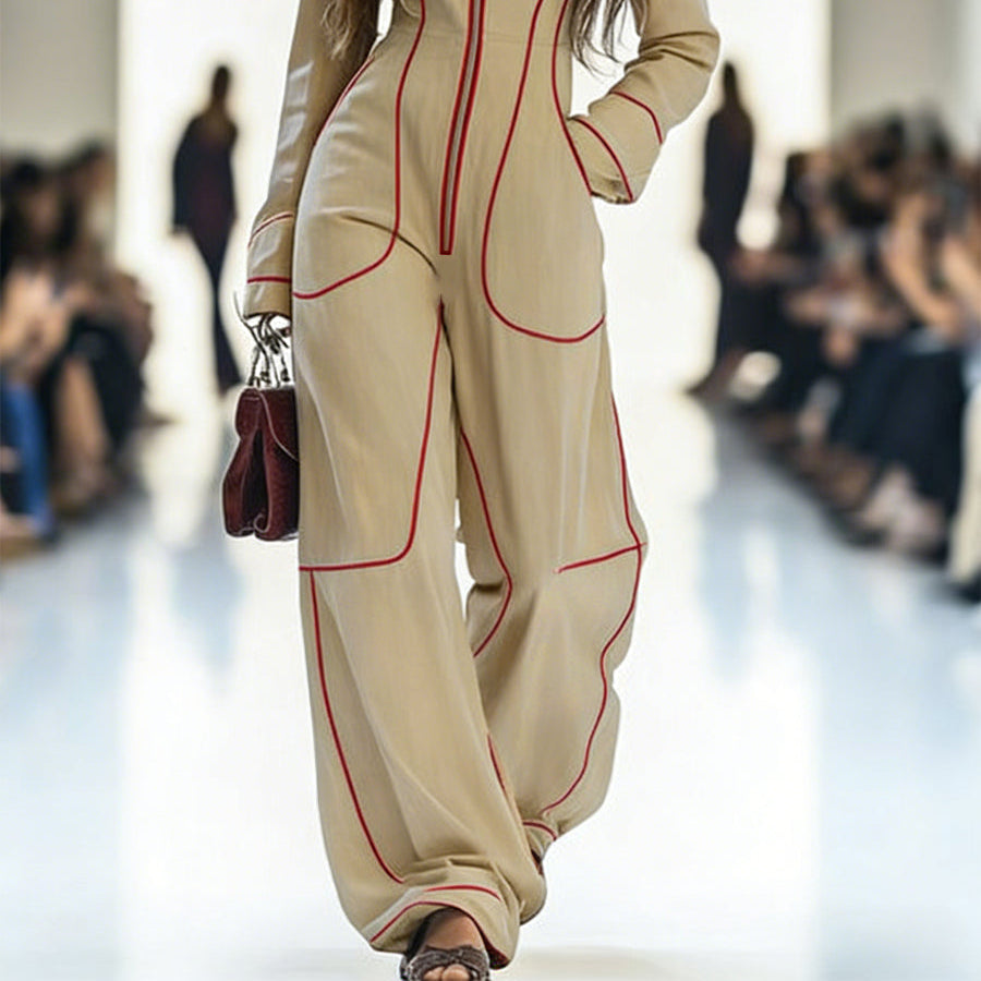 Women’s Long Sleeve Wide Leg Jumpsuit – Zip Front – Stand Collar