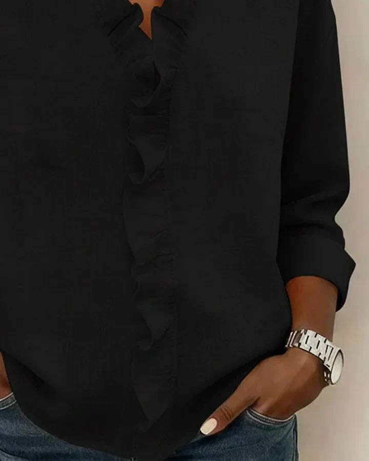 Charlotte: Elegant Ruffle Blouse with V-Neck and Long Sleeves