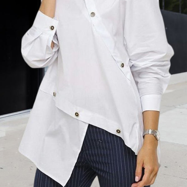 Women’s Long Sleeve Asymmetric Button Blouse – Elegant Split Front Shirt Top