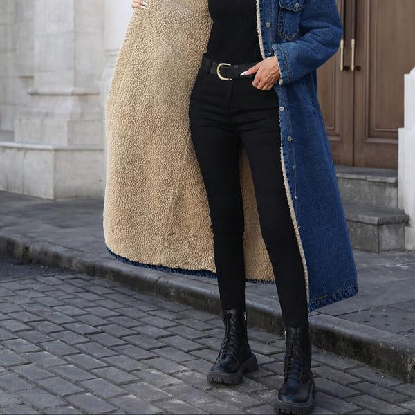 Long Fleece-Lined Winter Coat - Single-Breasted Design