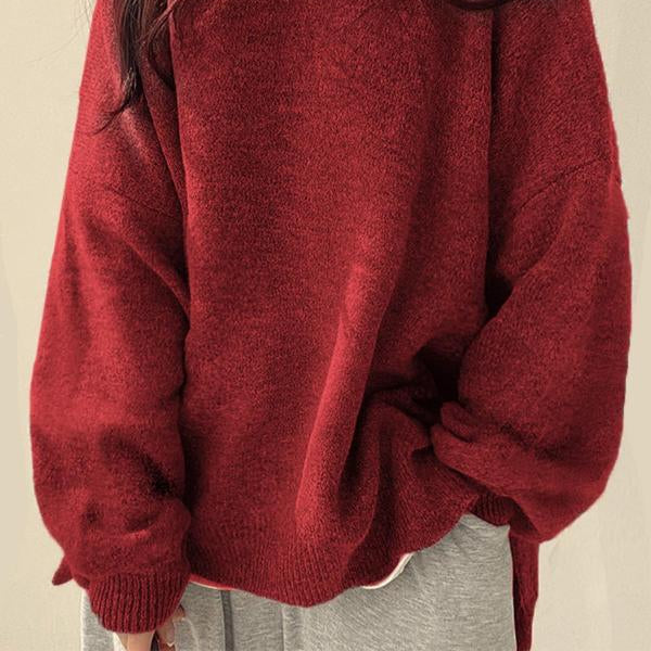 Women's Cozy Drop-Shoulder Split-Hem Round-Neck Knit Sweater