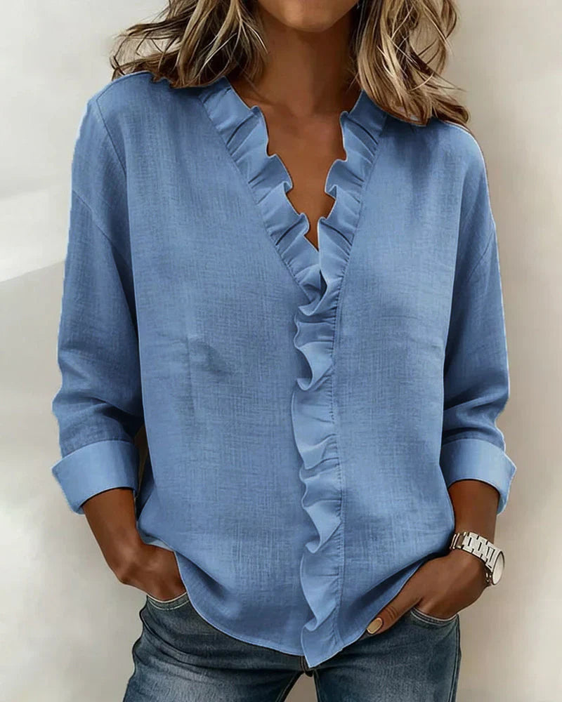 Charlotte: Elegant Ruffle Blouse with V-Neck and Long Sleeves