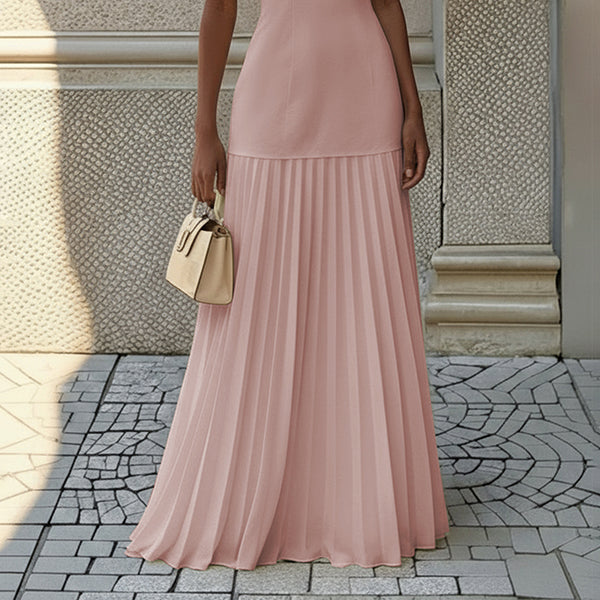 Women’s Sleeveless Pleated Maxi Dress – Elegant Boat Neck Flowing Evening Dress