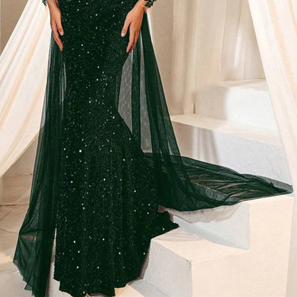 Women's Long evening gown in dark brown sequin lace
