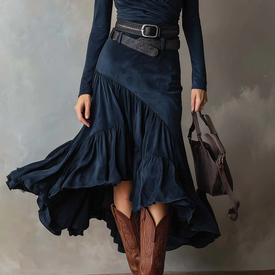 Women's Navy Blue Asymmetric Maxi Dress in Faux Suede with Belt and V