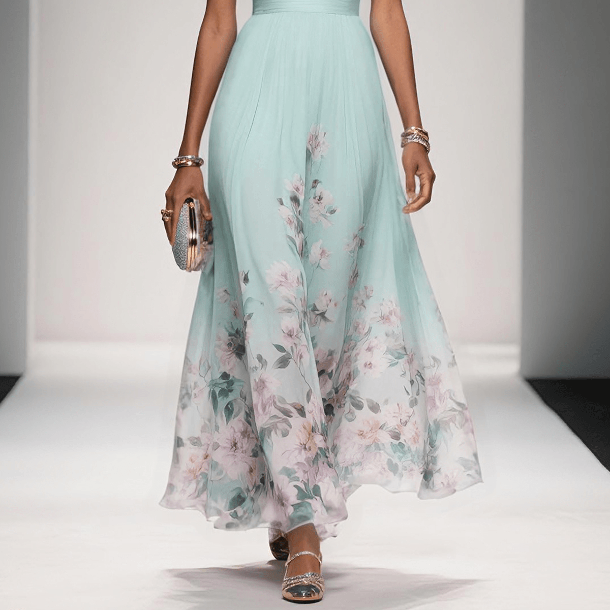 Women's Elegant Light Blue Floral Chiffon V-Neck Sleeveless A-Line