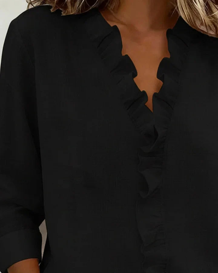 Charlotte: Elegant Ruffle Blouse with V-Neck and Long Sleeves