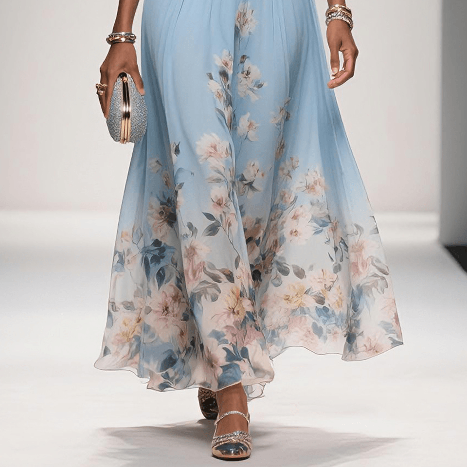 Elegant Light Blue Floral Chiffon V-Neck Sleeveless A-Line Maxi Dress