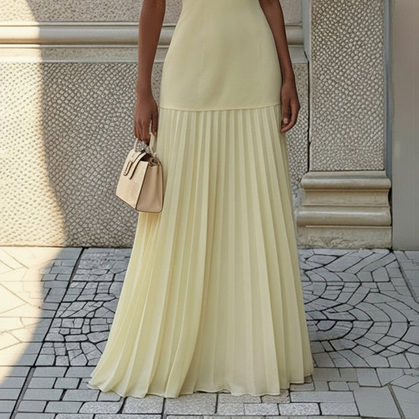Women’s Sleeveless Pleated Maxi Dress – Elegant Boat Neck Flowing Evening Dress