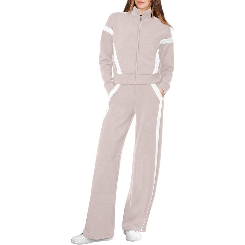 Women’s Zip-Up Sporty Sweatsuit with Flattering Wide-Leg Pants Set