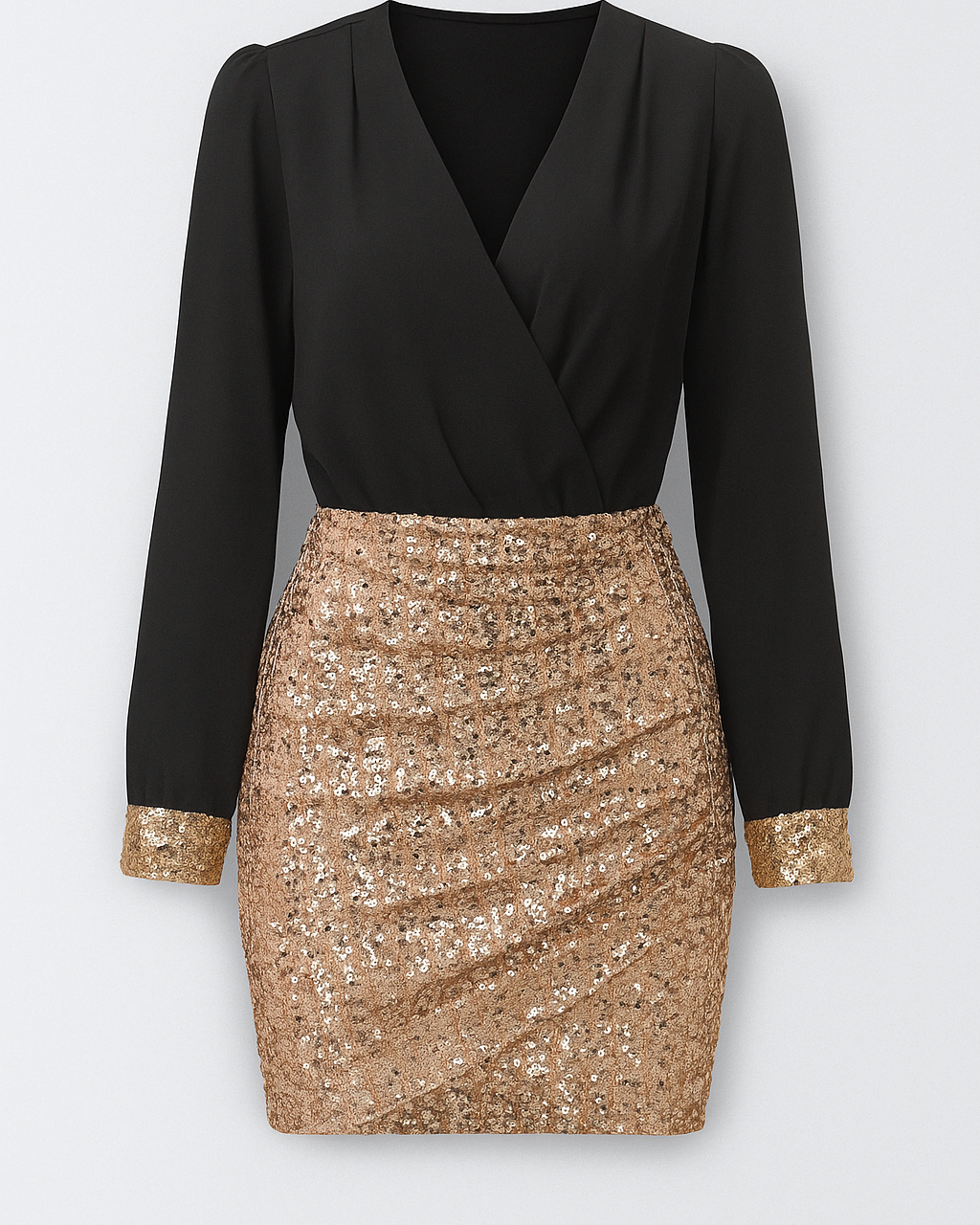 Hollis | Sæt med wrap-bluse og pailletteret miniskørt - Sort-Guld - Hollis | Sæt med wrap-bluse og pailletteret miniskørt- €25 - {{ product_tags }