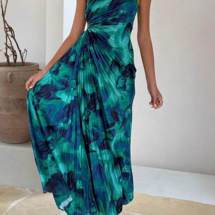 Women's Light and Elegant Sleeveless Pleated Dress with Off-Shoulder