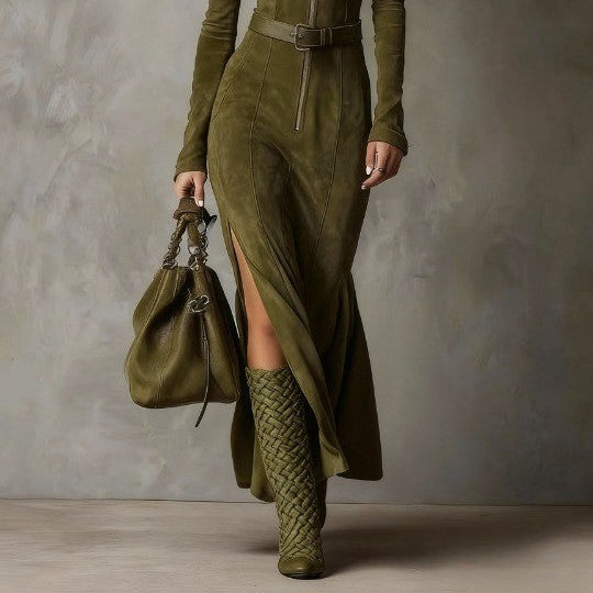 Women's Elegant Vintage Brown Zipper Belted Maxi Dress with Included