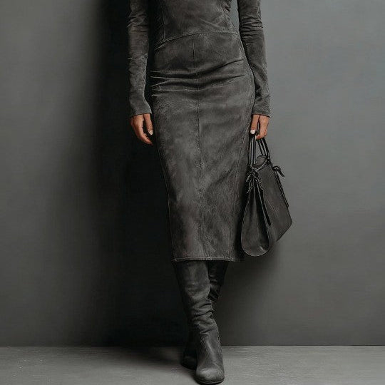 Women's Elegant High-Collar Long-Sleeve Midi Dress made of Suede