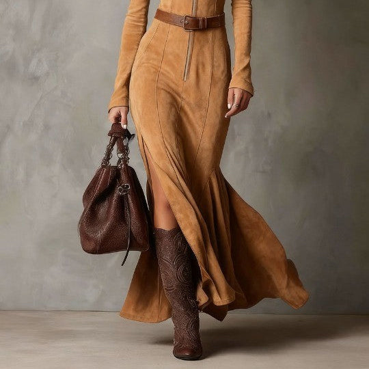 Women's Elegant Vintage Camel Zipper Maxi Dress with Belt for a Chic