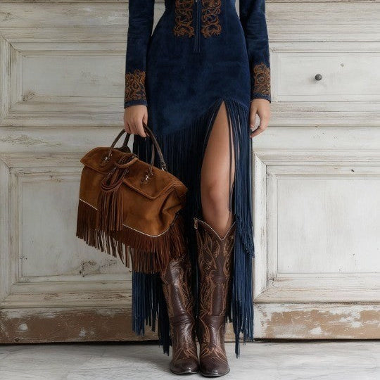 Women's Elegant Western Half-Zip Faux Suede Maxi Dress with Stylish