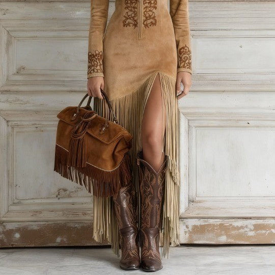 Women's Elegant Western Half-Zip Faux Suede Maxi Dress with Stylish