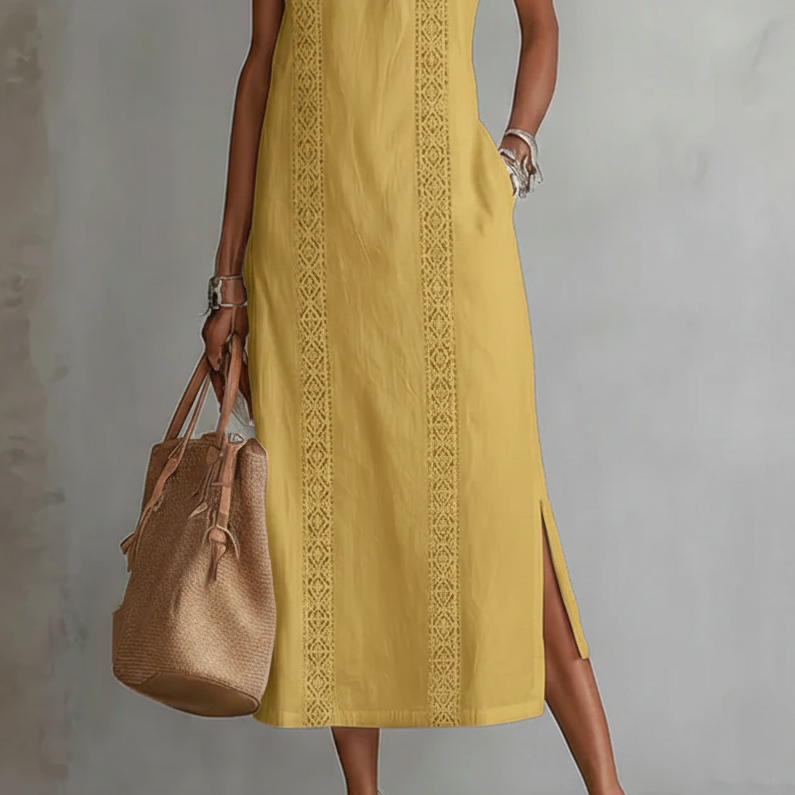Jimena | Linen Midi Dress with Mao Collar