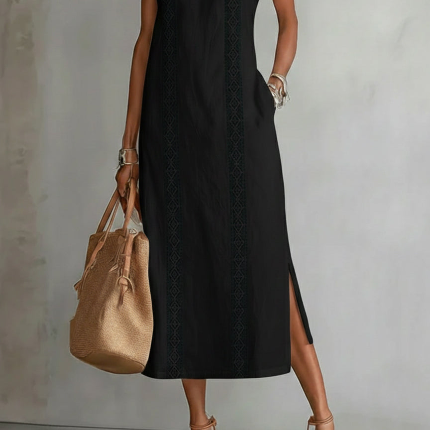 Jimena | Linen Midi Dress with Mao Collar