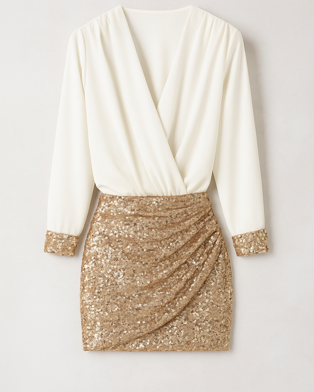 Hollis | Sæt med wrap-bluse og pailletteret miniskørt - Hvid-Guld - Hollis | Sæt med wrap-bluse og pailletteret miniskørt- €25 - {{ product_tags }