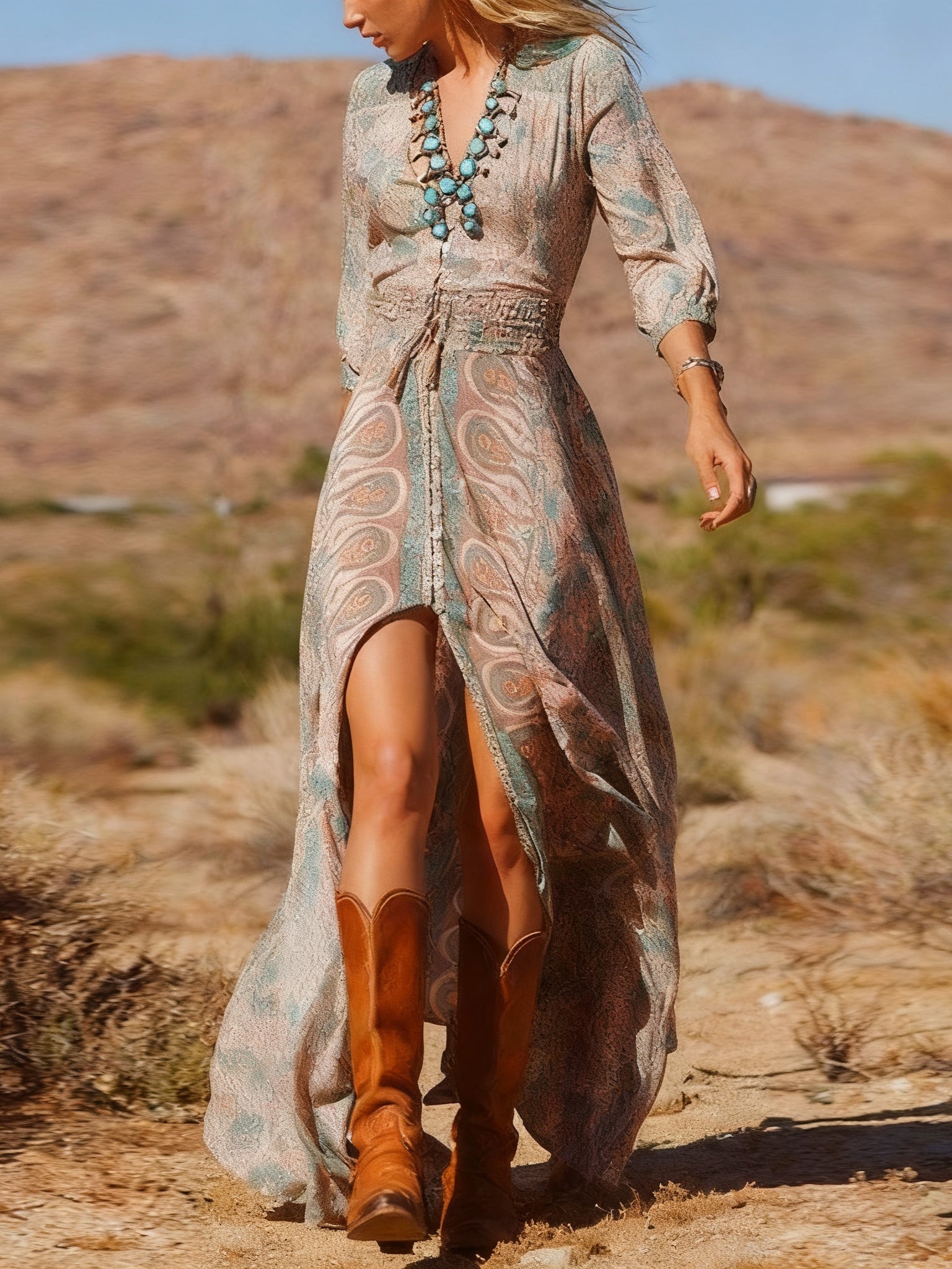 Bohemian long dress with western style print for summer 2026