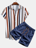 Men's Colorful Striped Print Shirt & Matching Swim Shorts Set