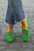 Women's Green Loafer with a Vibrant Fuchsia Tassel
